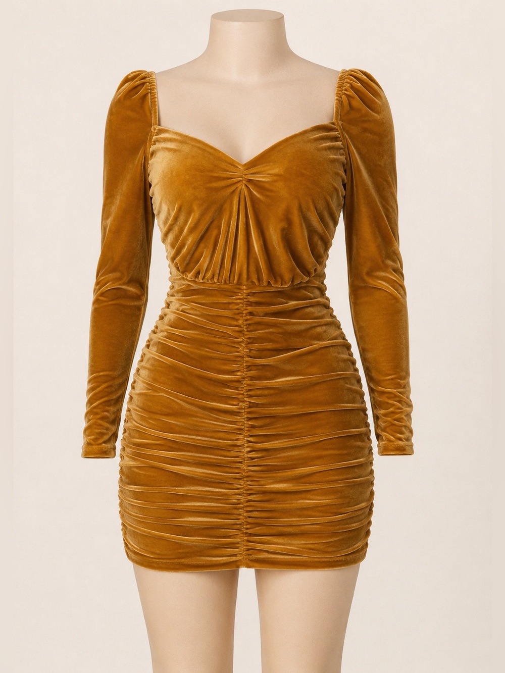 NWT MINKPINK Meknes Gold Velvet Ruched Mini Dress Long Sleeve Size M